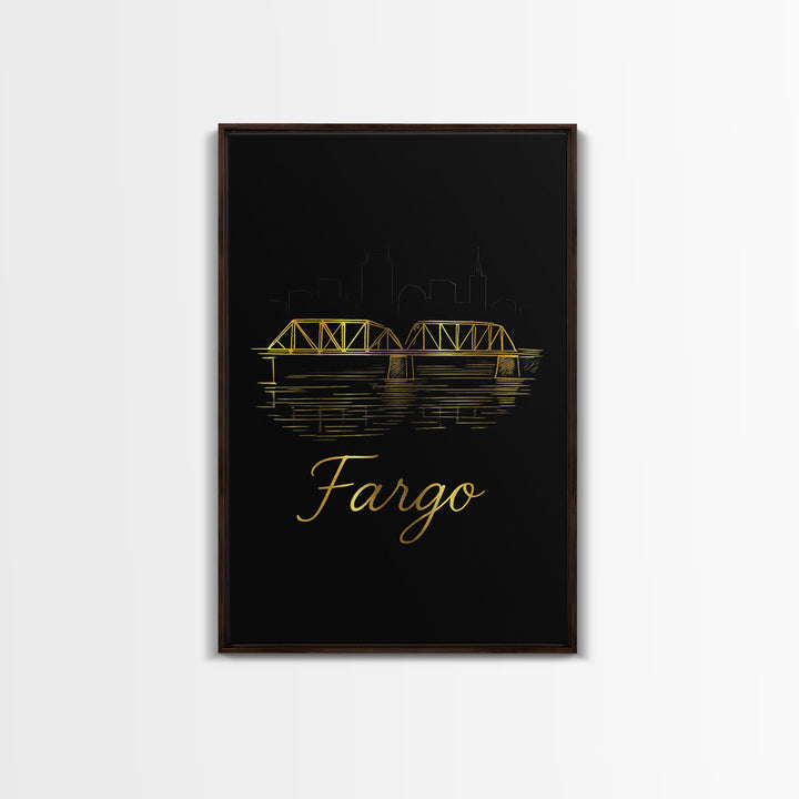 Fargo Travel Poster, Canvas Print, Gold Outline Poster Art, Fargo City Art, Travel Poster Set, Travel Art Print, Modern Wall Decor