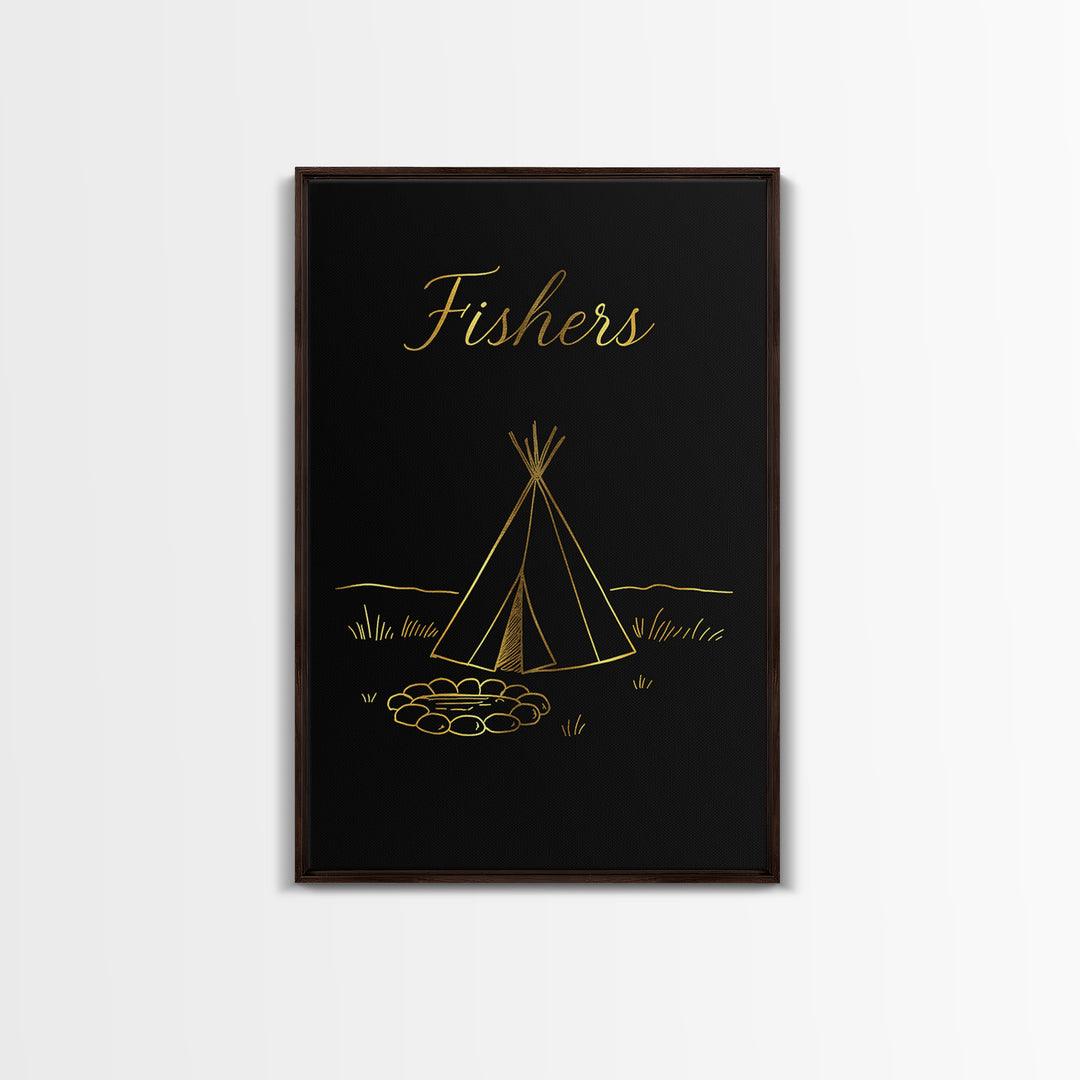 Fishers Indiana Travel Poster, Framed Canvas Print, Minimalist Gold Line Art, Fishers Poster Print, Mid Century Wall Art, Modern Wall Decor