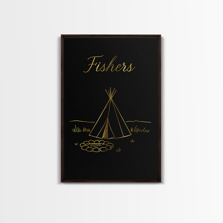 Fishers Indiana Travel Poster, Framed Canvas Print, Minimalist Gold Line Art, Fishers Poster Print, Mid Century Wall Art, Modern Wall Decor