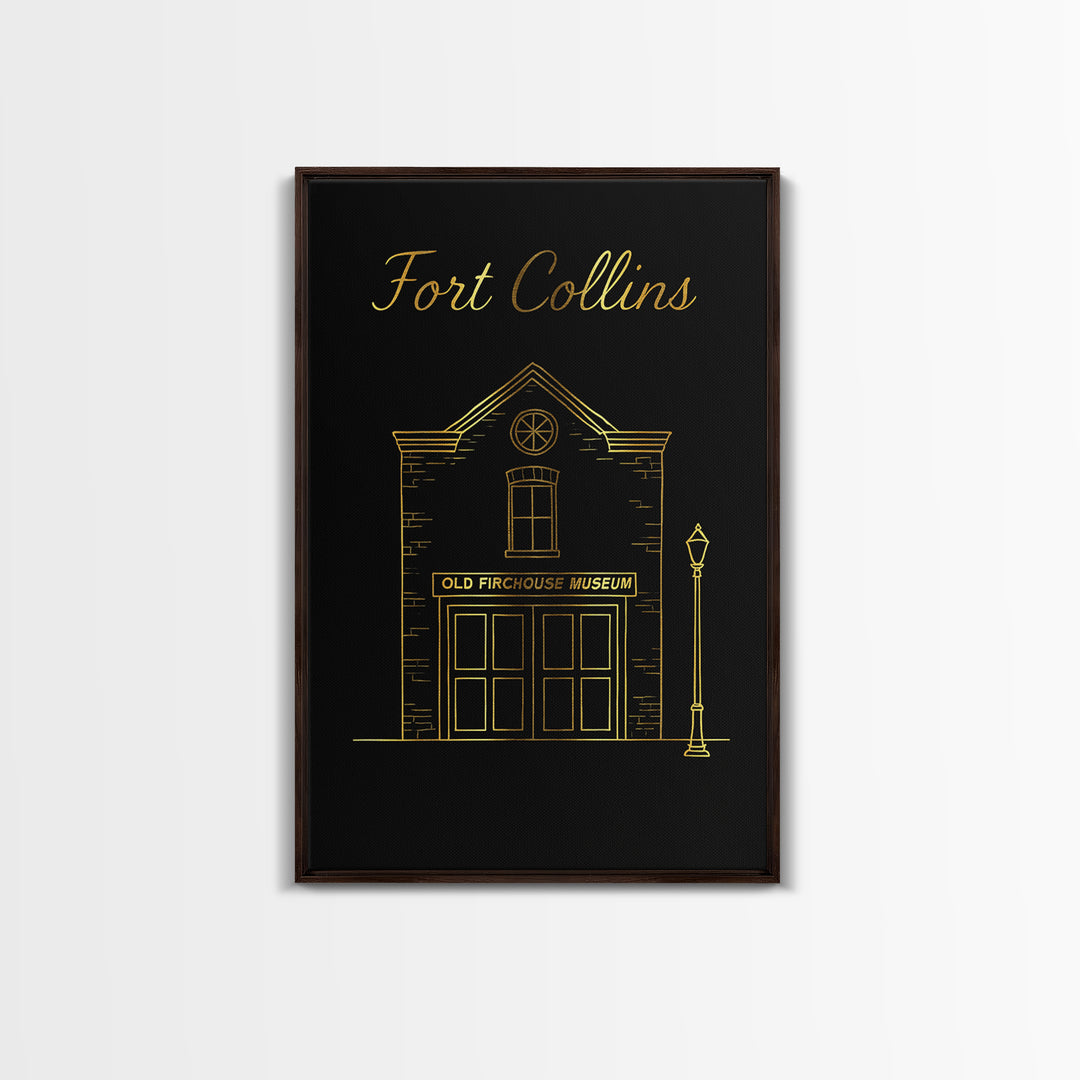 Fort Collins Travel Poster, Framed Canvas Print, Minimalist Gold Line Art, Fort Collins Travel Art, Travel Art Print, Travel Wall Art