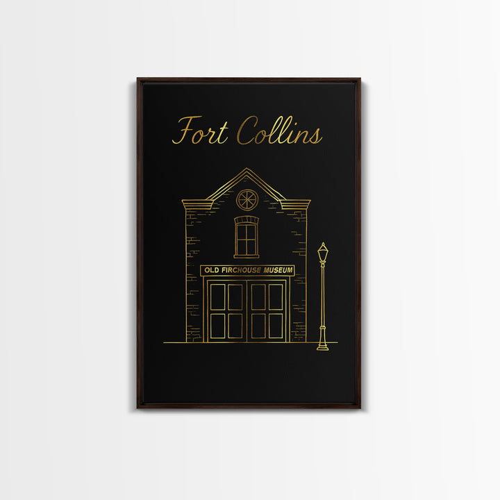 Fort Collins Travel Poster, Framed Canvas Print, Minimalist Gold Line Art, Fort Collins Travel Art, Travel Art Print, Travel Wall Art