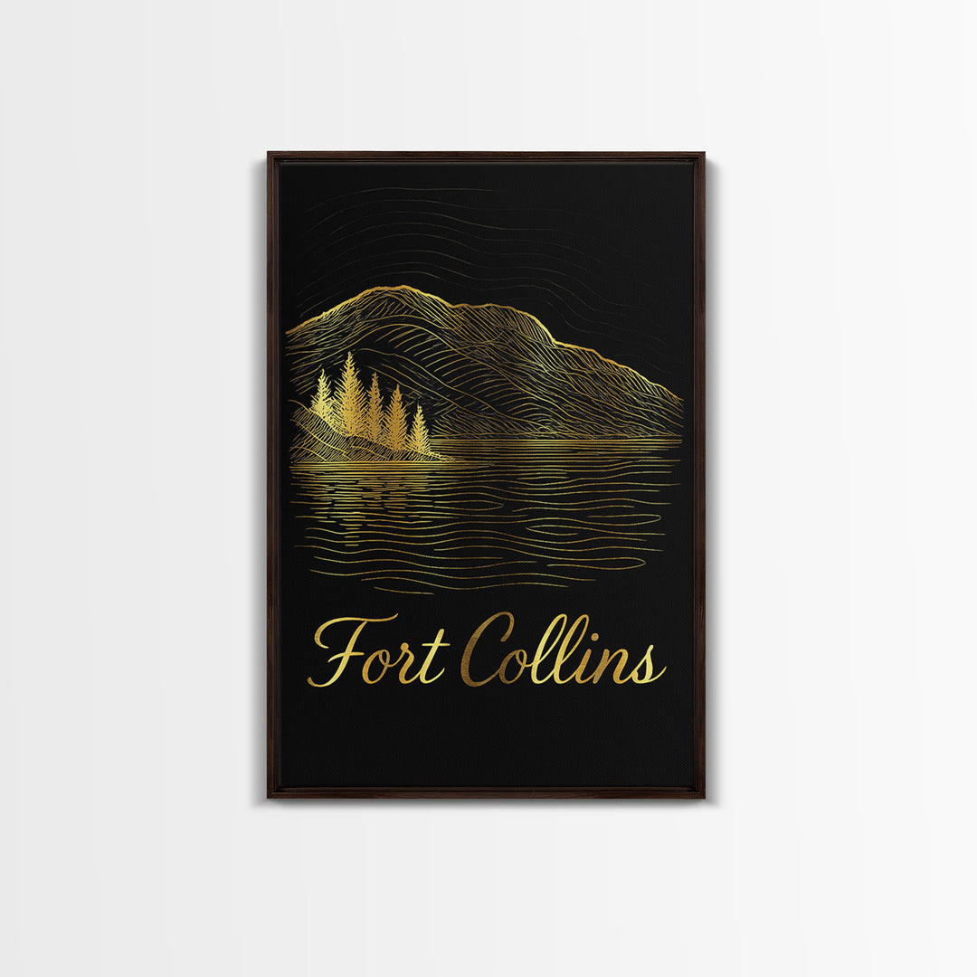 Fort Collins Travel Poster, Framed Canvas Print, Black Gold Minimalist Art, Fort Collins Wall Art, City Art Print, Fine Art Print