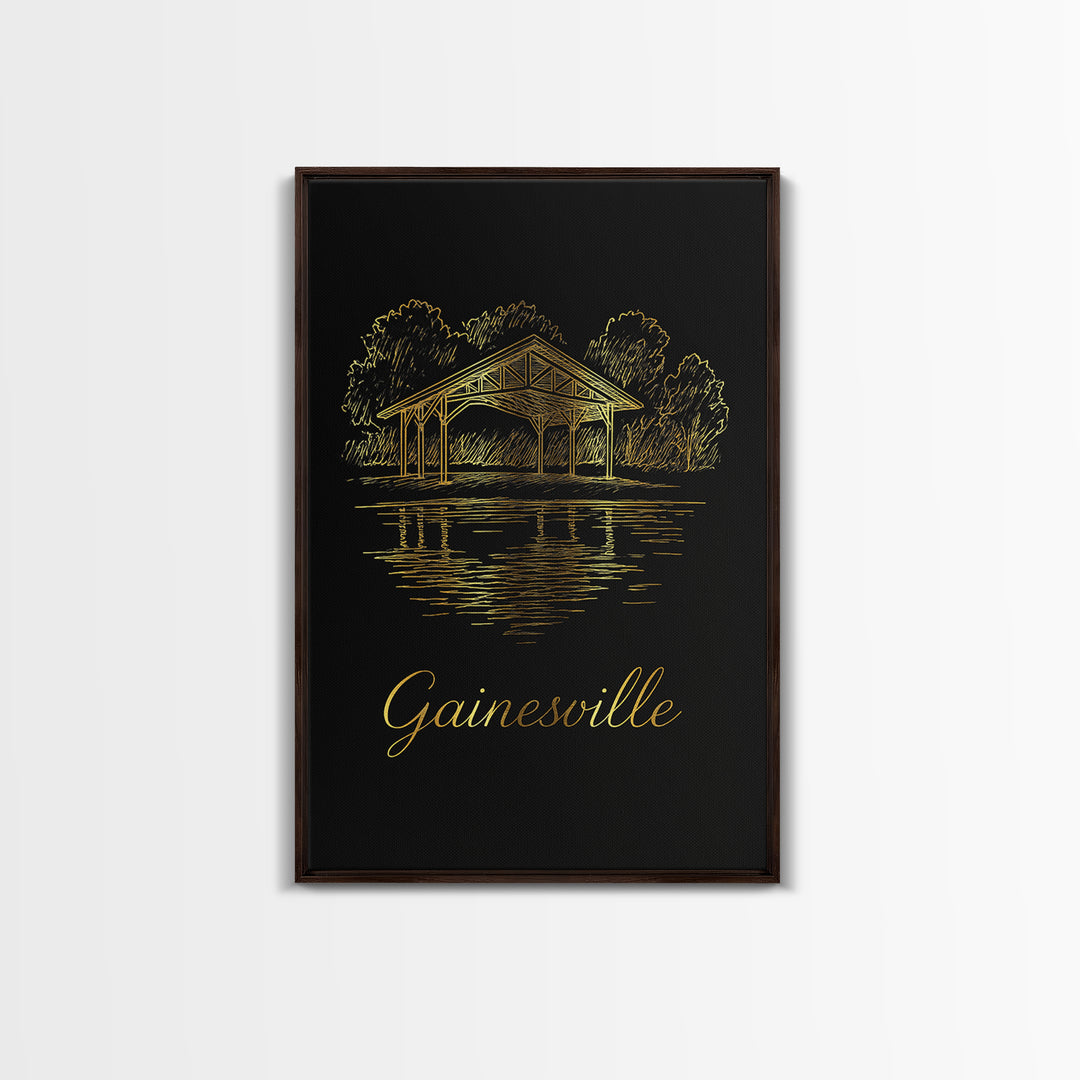 Gainesville Travel Poster, Framed Canvas Print, Minimalist Gold Line Art, Gainesville Travel Art, Wanderlust Decor, Modern Wall Decor
