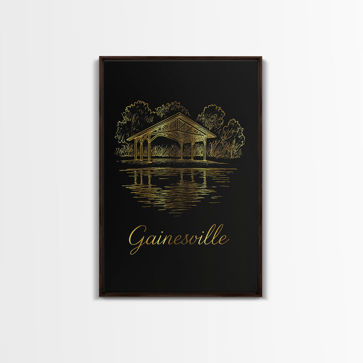 Gainesville Travel Poster, Framed Canvas Print, Minimalist Gold Line Art, Gainesville Travel Art, Wanderlust Decor, Modern Wall Decor