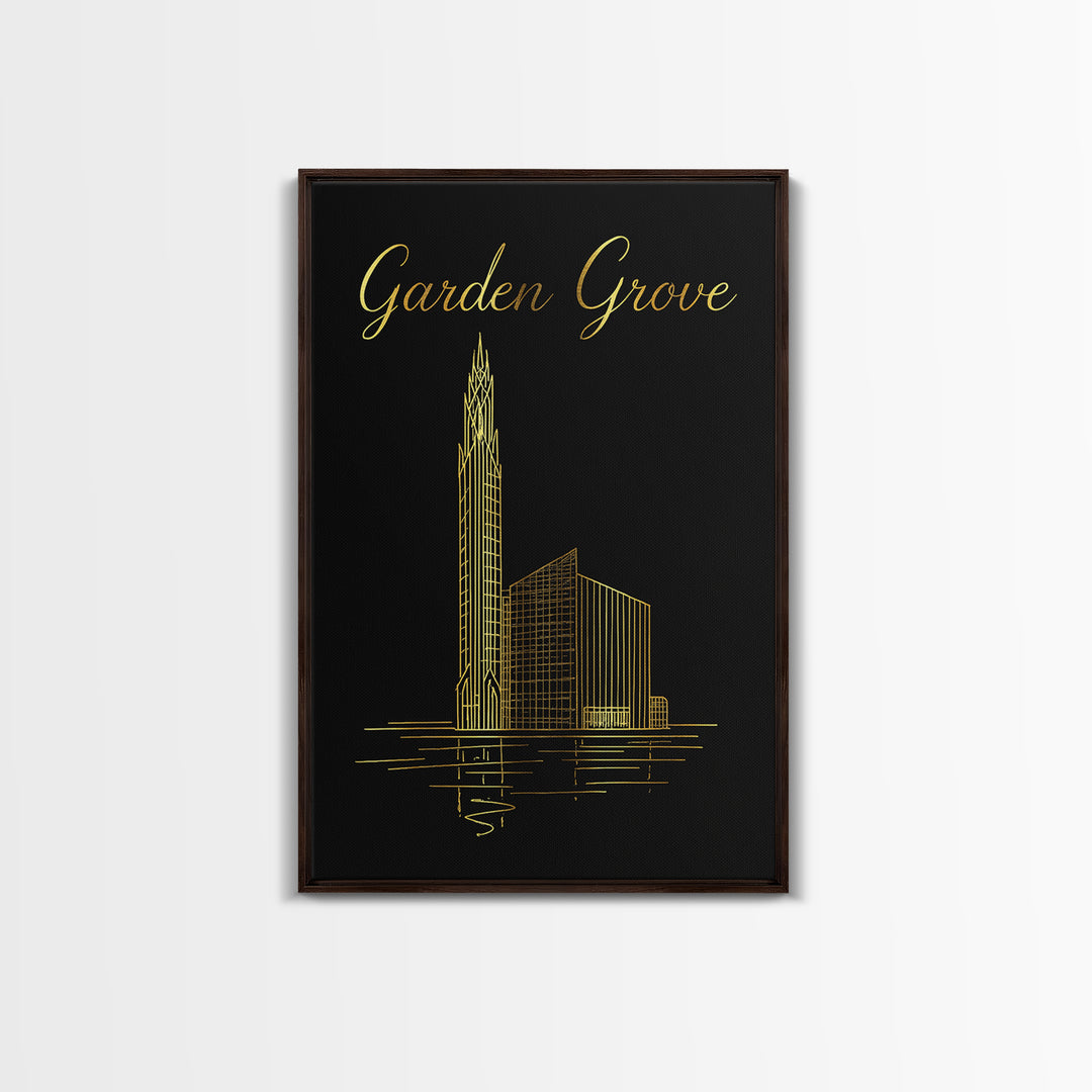 Garden Grove Travel Poster, Canvas Print, Black Gold Minimalist Art, Garden Grove Poster Print, Mid Century Wall Art, Travel Wall Art
