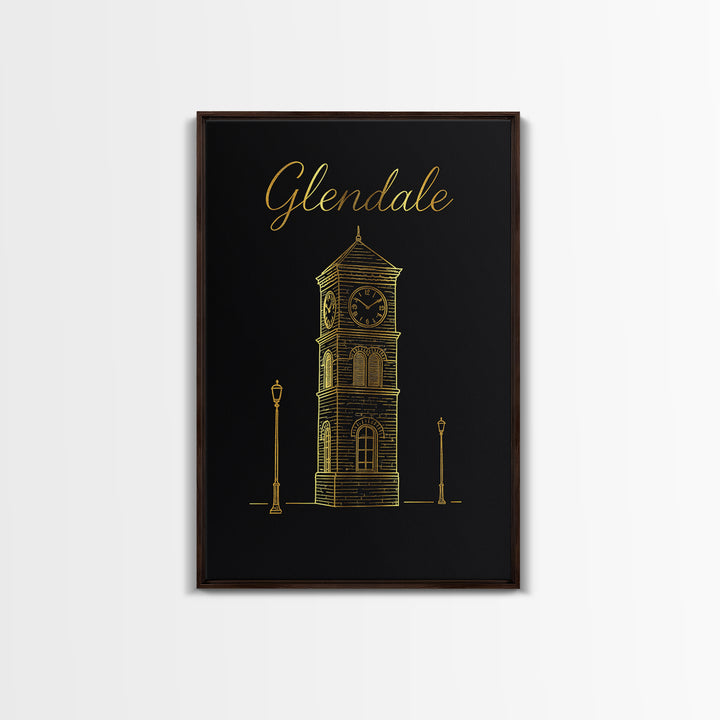 Glendale Travel Poster, Framed Canvas Print, Gold Outline Poster Art, Glendale Wall Art, Retro Travel Print, Wanderlust Decor, Wall Art