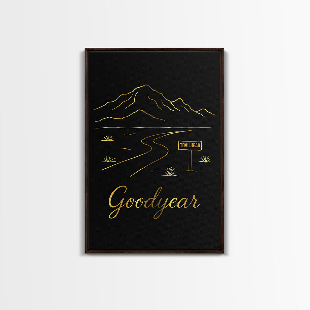 Goodyear Travel Poster, Framed Canvas Print, Gold Outline Poster Art, Goodyear Travel Art, Mid Century Wall Art, Vintage Travel Art