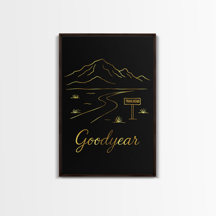 Goodyear Travel Poster, Framed Canvas Print, Gold Outline Poster Art, Goodyear Travel Art, Mid Century Wall Art, Vintage Travel Art