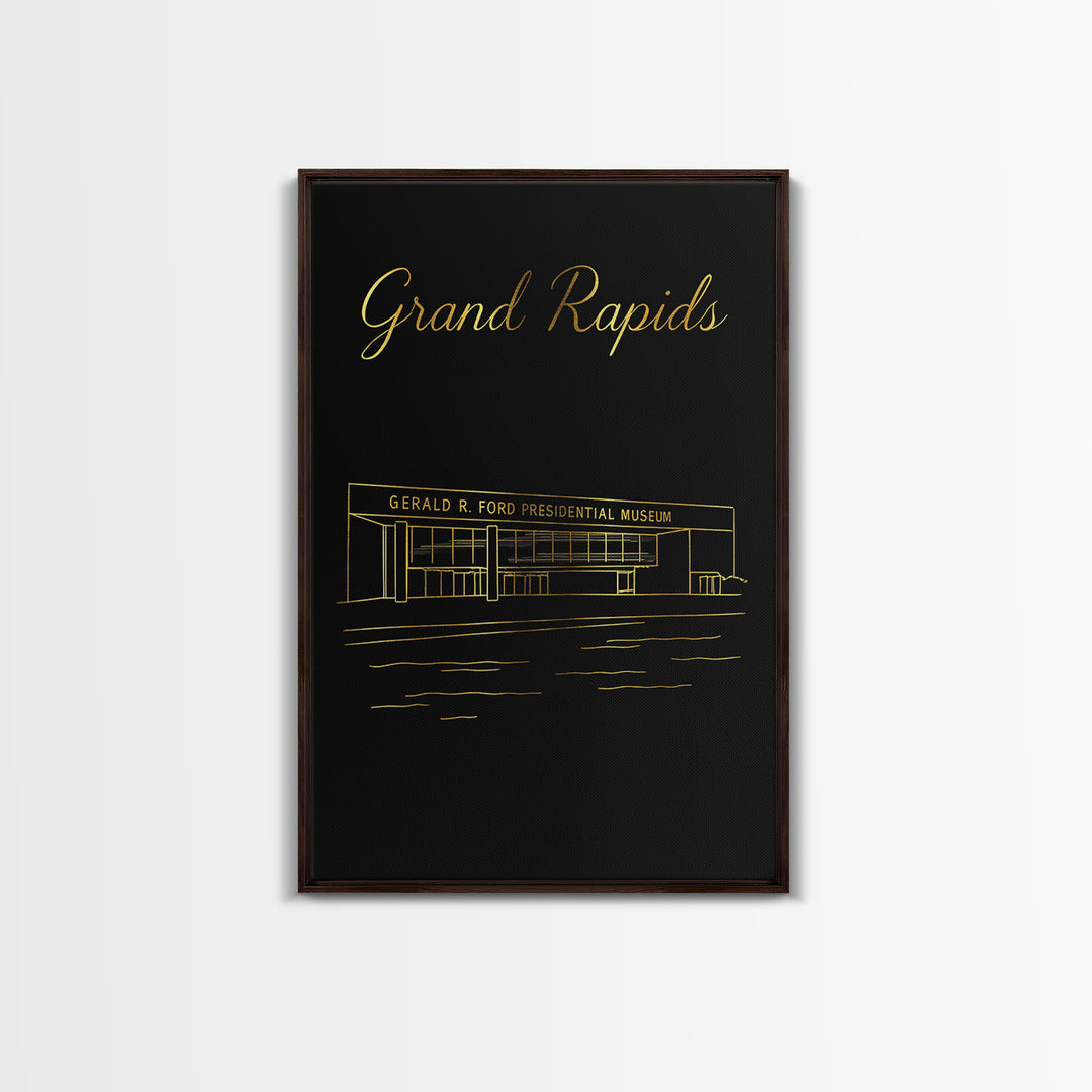 Grand Rapids Travel Poster, Framed Canvas Print, Black Gold Minimalist Art, Grand Rapids Travel Art, Mid Century Wall Art, City Art Print