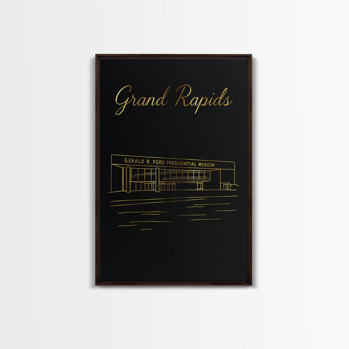 Grand Rapids Travel Poster, Framed Canvas Print, Black Gold Minimalist Art, Grand Rapids Travel Art, Mid Century Wall Art, City Art Print