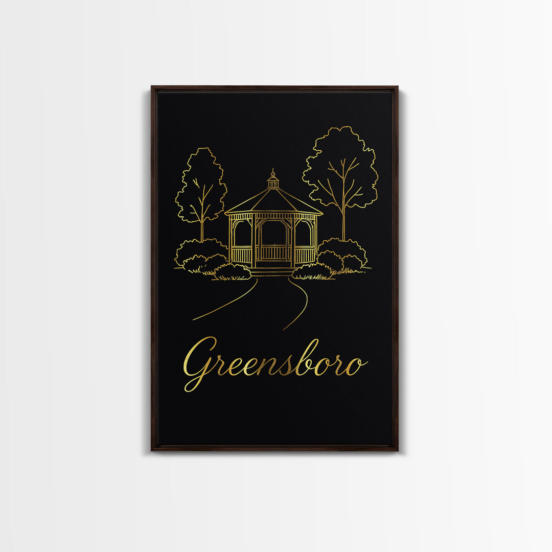 Greensboro Travel Poster, Framed Canvas Print, Gold Outline Poster Art, Greensboro Art Print, Travel Poster Set, Vintage Travel Print