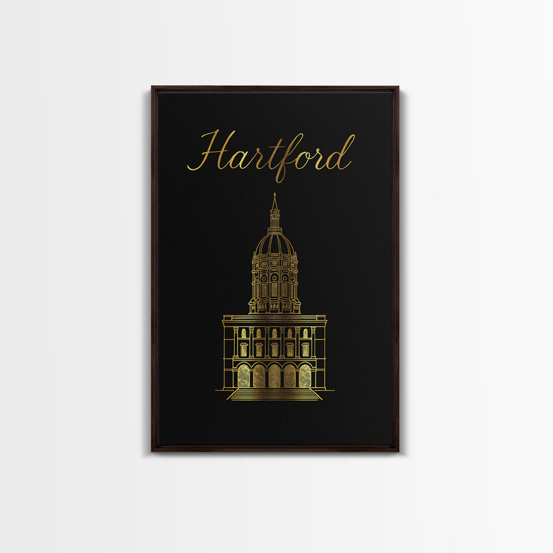 Hartford Travel Poster, Framed Canvas Print, Dark Minimalist Wall Art, Hartford Travel Art, Living Room Wall Art, Modern Wall Decor