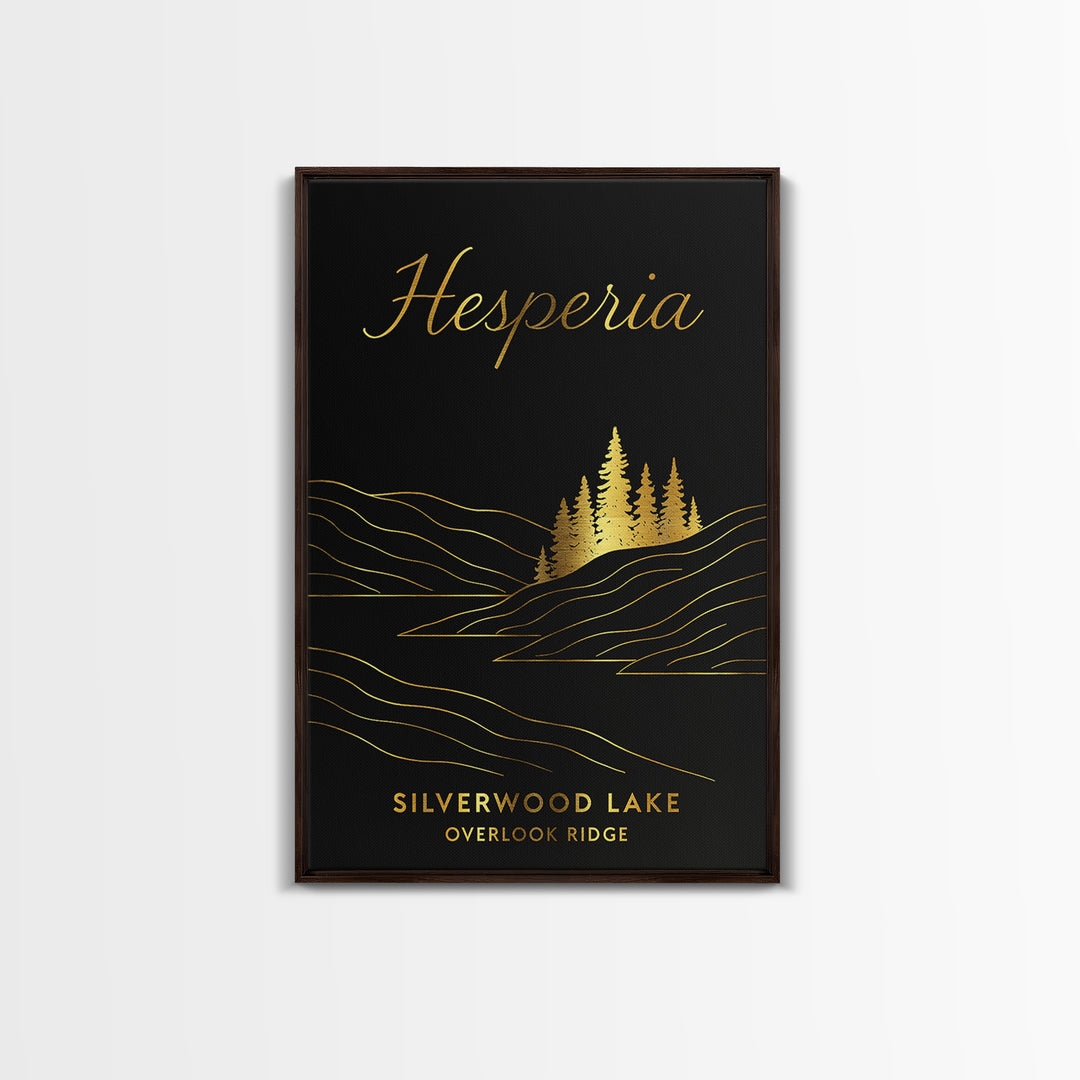 Hesperia Travel Poster, Framed Canvas Print, Dark Minimalist Wall Art, Hesperia Travel Art, Vintage City Art, City Illustration