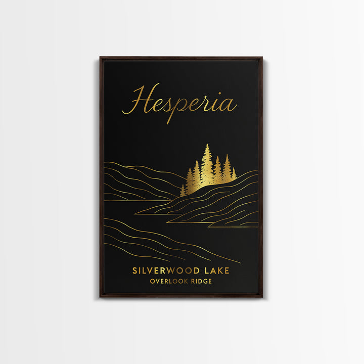 Hesperia Travel Poster, Framed Canvas Print, Dark Minimalist Wall Art, Hesperia Travel Art, Vintage City Art, City Illustration