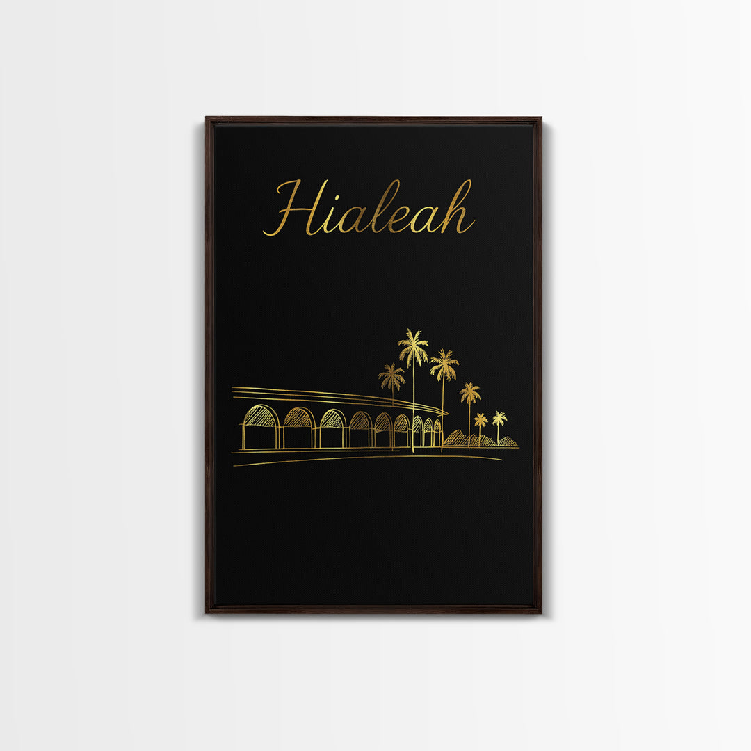 Hialeah Travel Poster, Canvas Print, Gold Outline Poster Art, Hialeah Art Print, Watercolor City Skyline, City Art Print, Wall Art