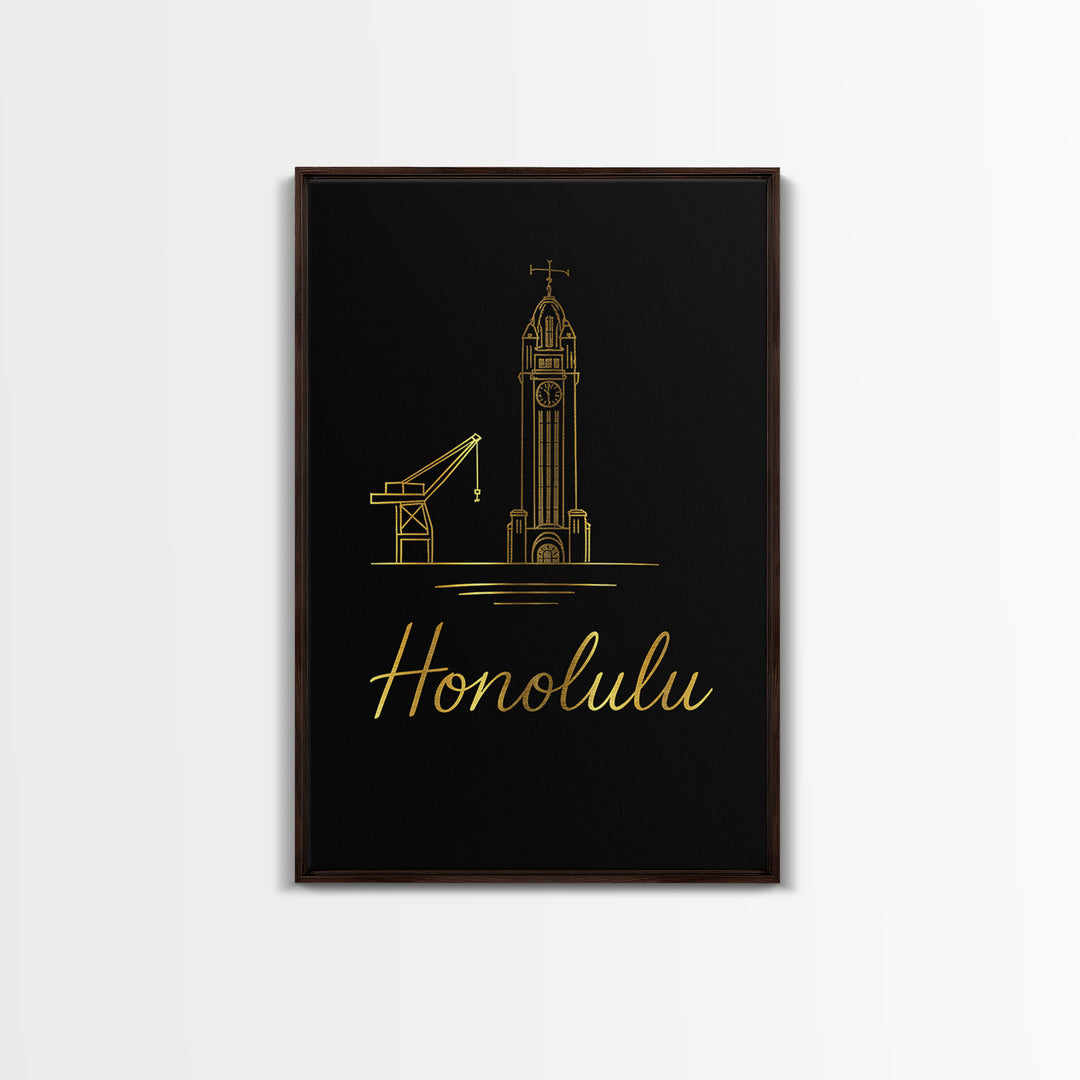Honolulu Hawaii Travel Poster, Canvas Print, Gold Outline Poster Art, Honolulu City Art, Wall Art, Gift For Travelers, Poster Art