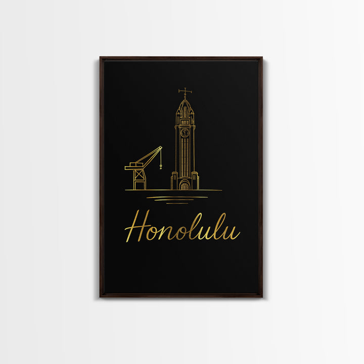 Honolulu Hawaii Travel Poster, Canvas Print, Gold Outline Poster Art, Honolulu City Art, Wall Art, Gift For Travelers, Poster Art
