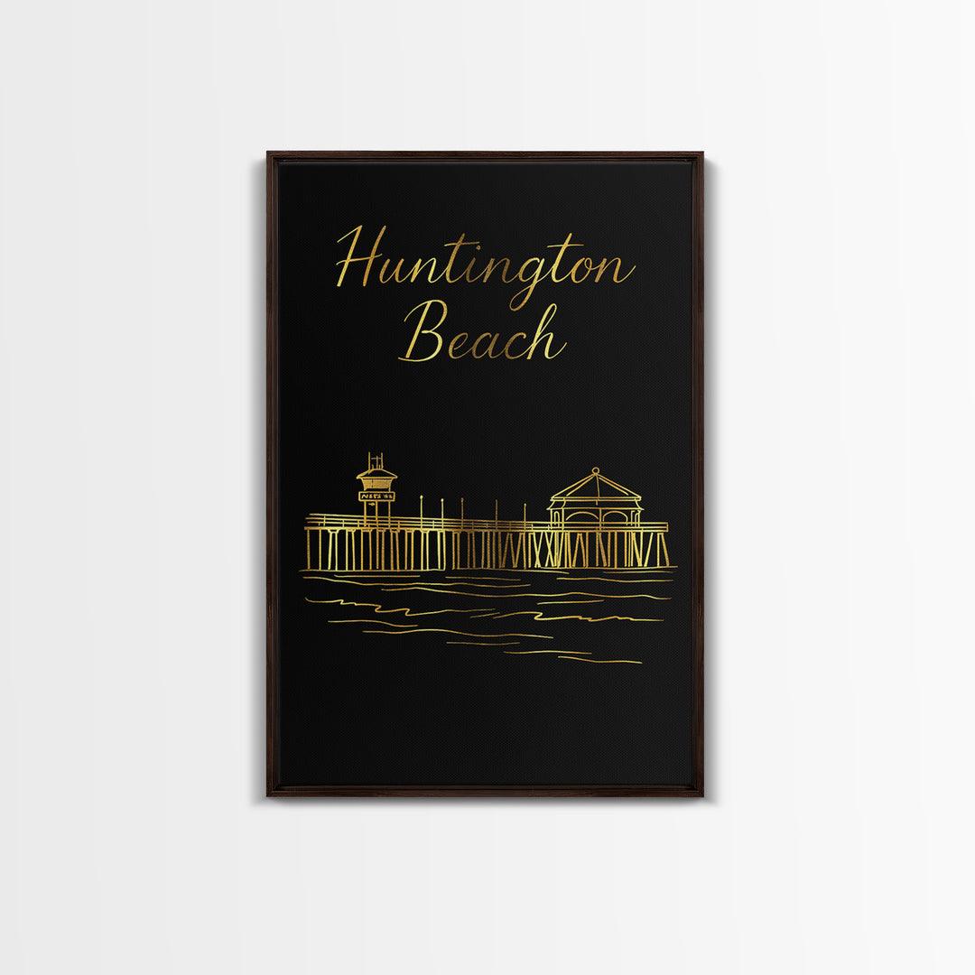 Huntington Beach Travel Poster, Canvas Print, Minimalist Gold Line Art, Huntington Beach Poster Print, Travel Poster Set, Retro Travel Print