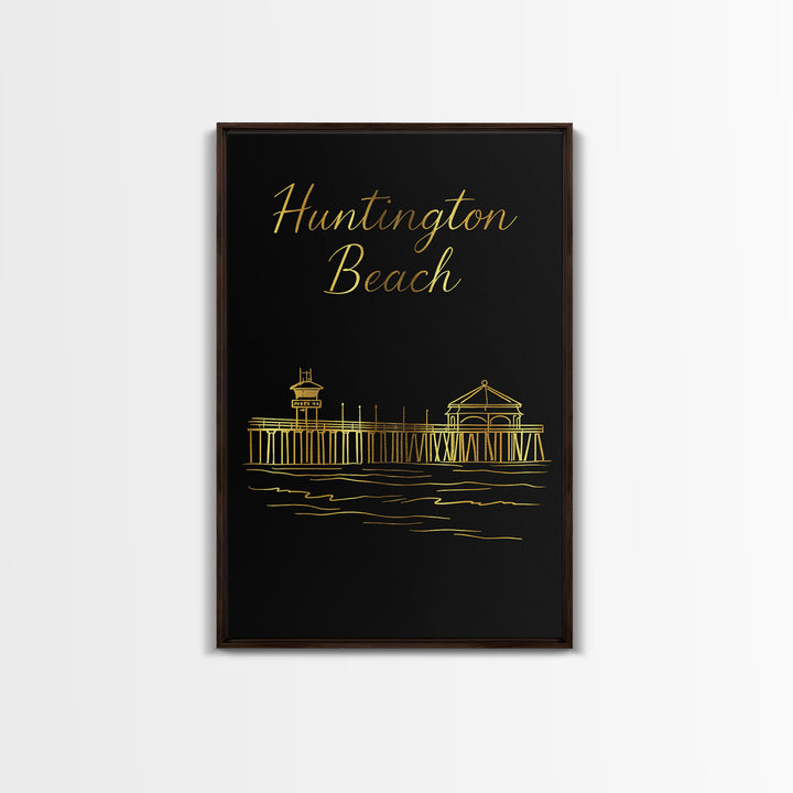 Huntington Beach Travel Poster, Canvas Print, Minimalist Gold Line Art, Huntington Beach Poster Print, Travel Poster Set, Retro Travel Print