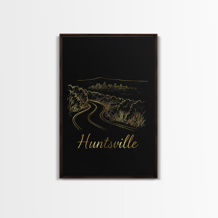 Huntsville Alabama Travel Poster, Canvas Print, Minimalist Gold Line Art, Huntsville Poster Print, Travel Poster Art, Watercolor Skyline