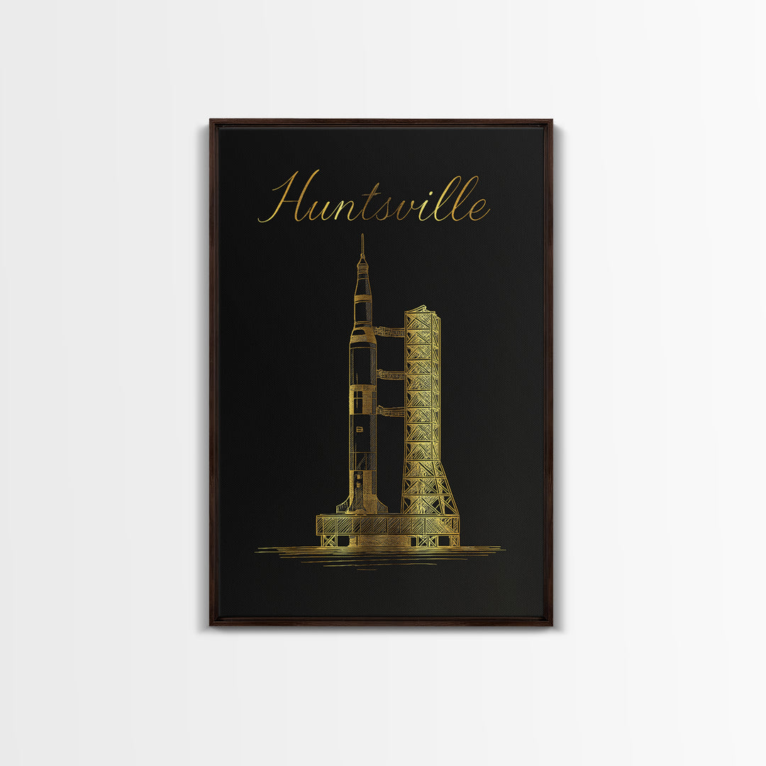 Huntsville Travel Poster, Framed Canvas Print, Minimalist Gold Line Art, Huntsville Travel Art, Mid Century Wall Art, Travel Poster Set