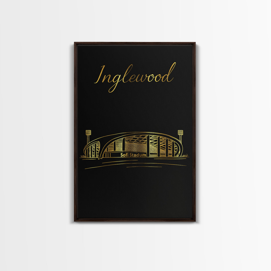 Inglewood Travel Poster, Framed Canvas Print, Minimalist Gold Line Art, Inglewood City Art, Travel Art Print, Vintage Travel Art