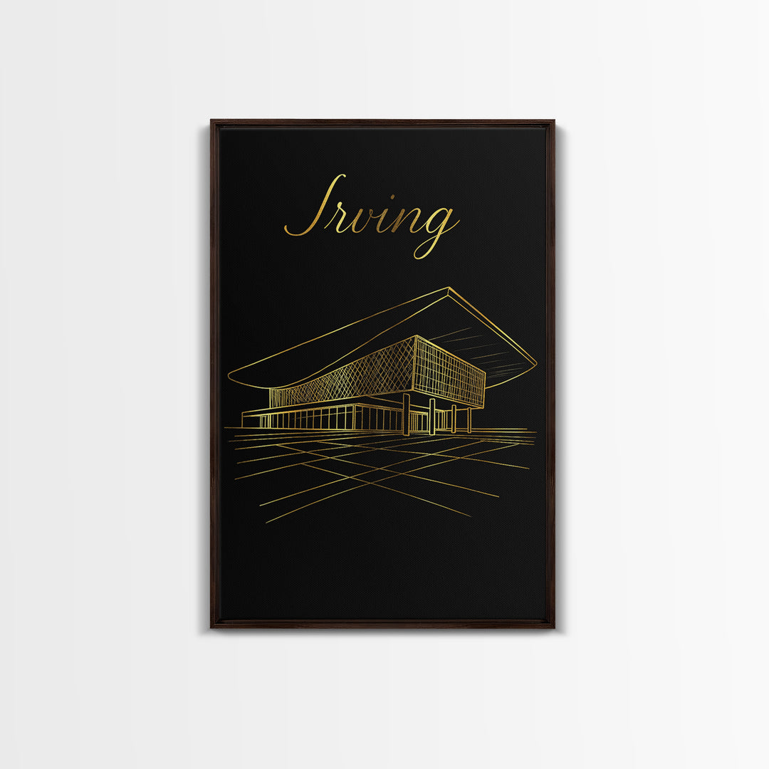 Irving Texas Travel Poster, Canvas Print, Gold Outline Poster Art, Irving Wall Art, Vintage City Art, City Art Print, Vintage Travel Art