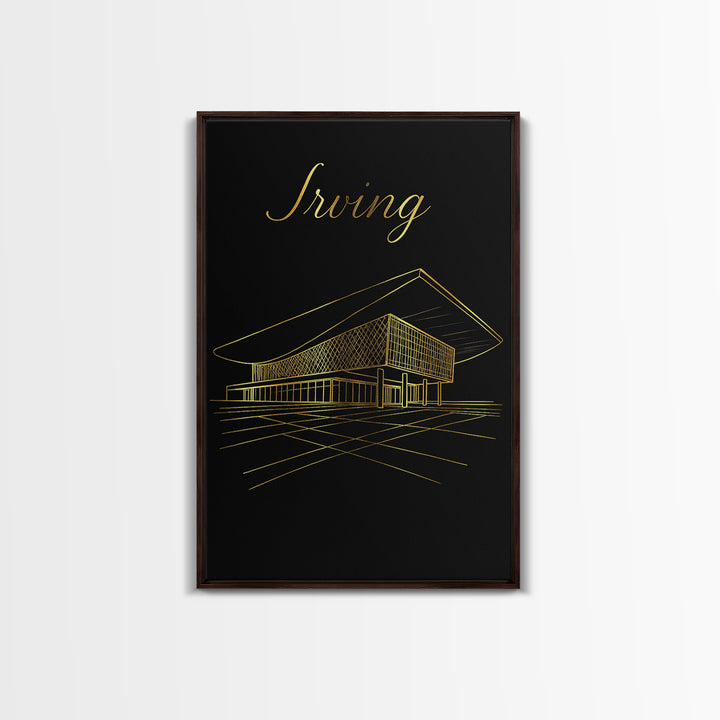 Irving Texas Travel Poster, Canvas Print, Gold Outline Poster Art, Irving Wall Art, Vintage City Art, City Art Print, Vintage Travel Art