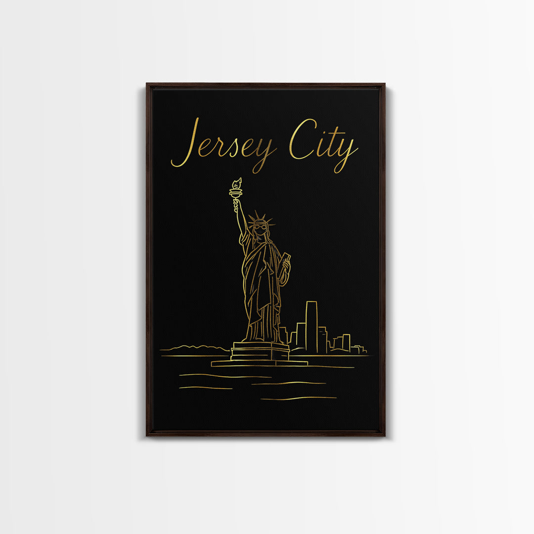 Jersey City Travel Poster, Framed Canvas Print, Black Gold Minimalist Art, Jersey City Poster Print, Living Room Wall Art, Travel Art Print