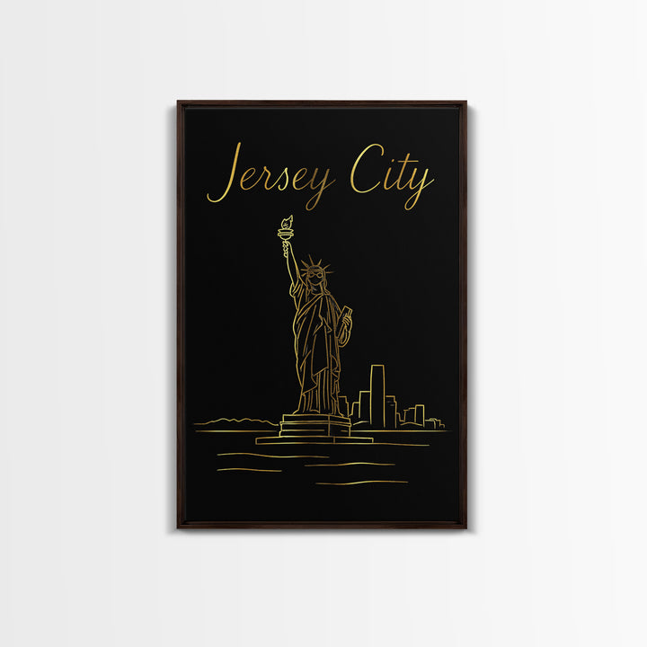 Jersey City Travel Poster, Framed Canvas Print, Black Gold Minimalist Art, Jersey City Poster Print, Living Room Wall Art, Travel Art Print