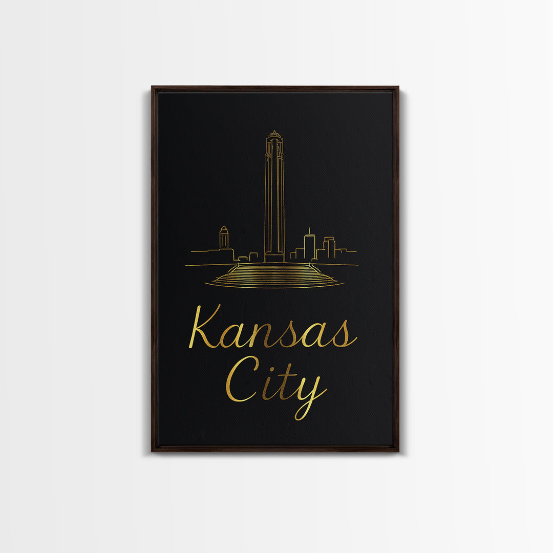 Kansas City Travel Poster, Framed Canvas Print, Black Gold Minimalist Art, Kansas City Wall Art, Vintage Travel Print, Vintage City Art
