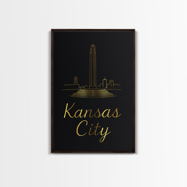 Kansas City Travel Poster, Framed Canvas Print, Black Gold Minimalist Art, Kansas City Wall Art, Vintage Travel Print, Vintage City Art