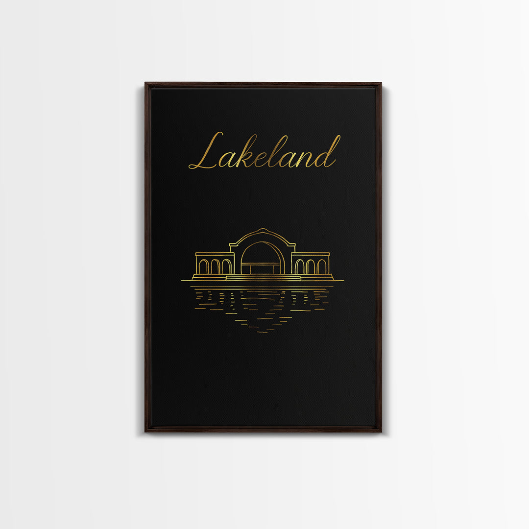 Lakeland Travel Poster, Framed Canvas Print, Minimalist Gold Line Art, Lakeland Wall Art, Watercolor Skyline, Travel Art Print