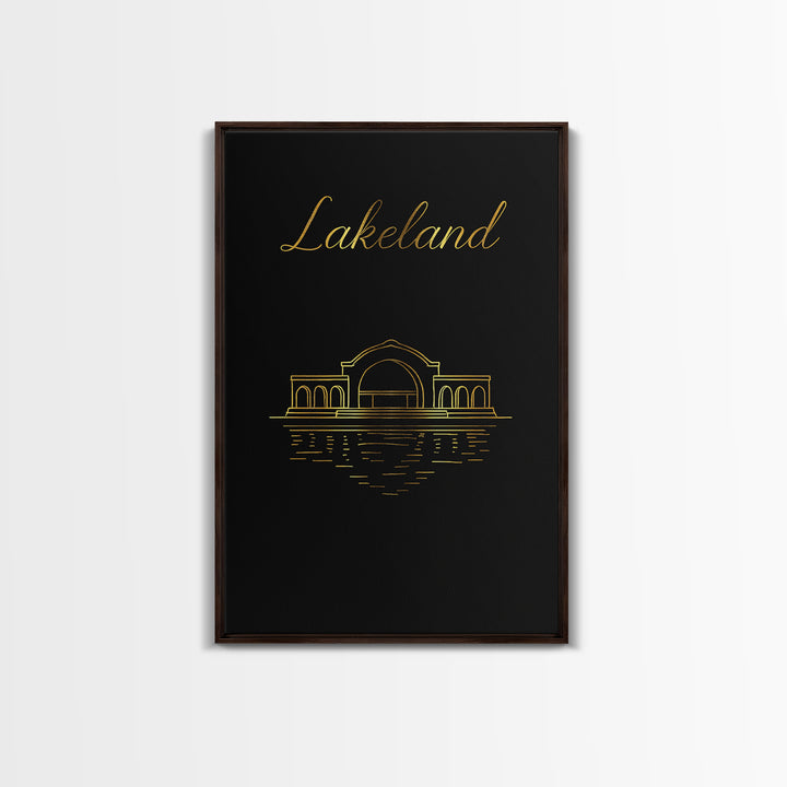 Lakeland Travel Poster, Framed Canvas Print, Minimalist Gold Line Art, Lakeland Wall Art, Watercolor Skyline, Travel Art Print