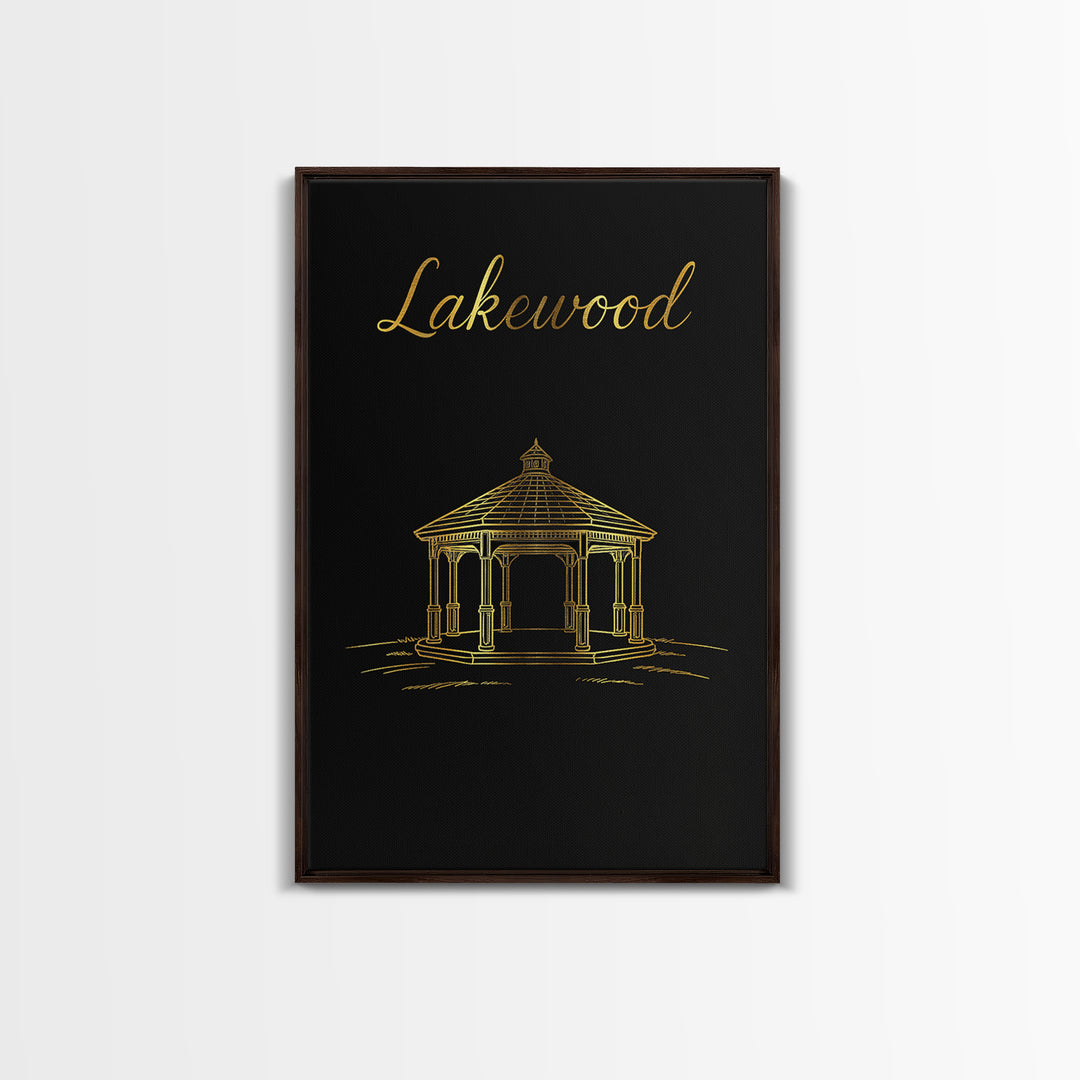 Lakewood Travel Poster, Framed Canvas Print, Black Gold Minimalist Art, Lakewood Wall Art, Travel Wall Art, Mid Century Wall Art