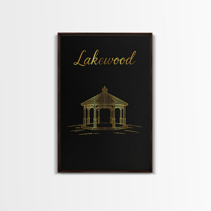 Lakewood Travel Poster, Framed Canvas Print, Black Gold Minimalist Art, Lakewood Wall Art, Travel Wall Art, Mid Century Wall Art