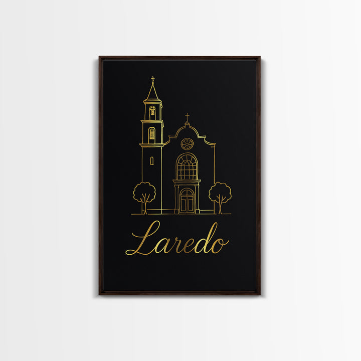 Laredo Travel Poster, Canvas Print, Minimalist Gold Line Art, Laredo Wall Art, Watercolor Skyline, City Art Print, Retro Travel Print