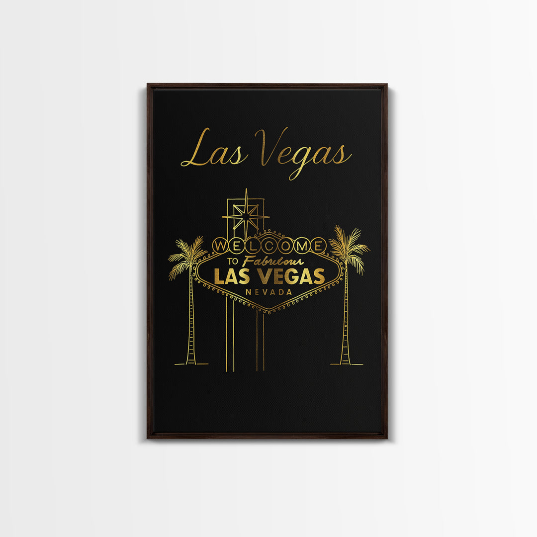 Las Vegas Travel Poster, Framed Canvas Print, Gold Outline Poster Art, Las Vegas Travel Art, City Art Print, Watercolor Skyline