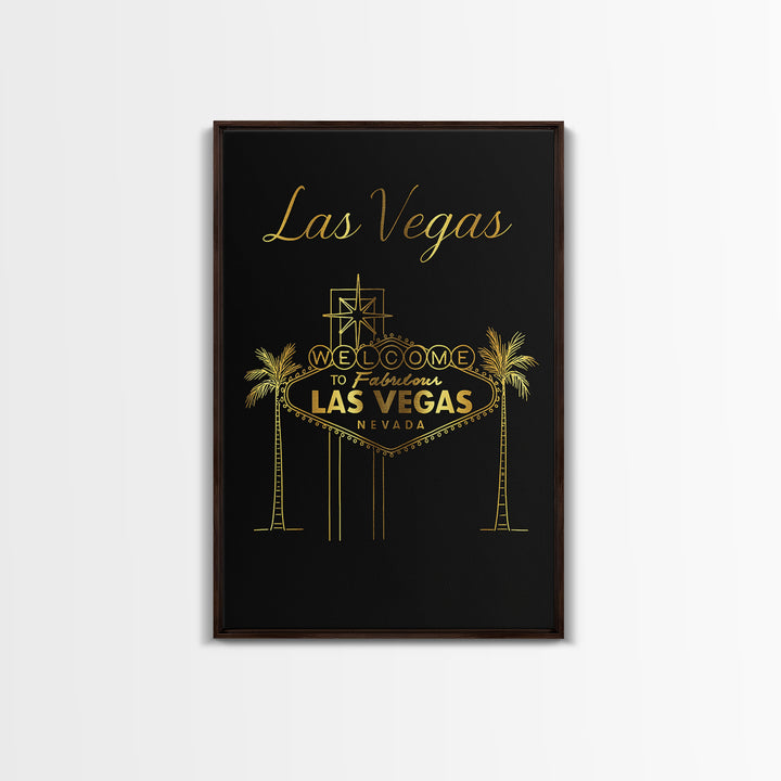 Las Vegas Travel Poster, Framed Canvas Print, Gold Outline Poster Art, Las Vegas Travel Art, City Art Print, Watercolor Skyline