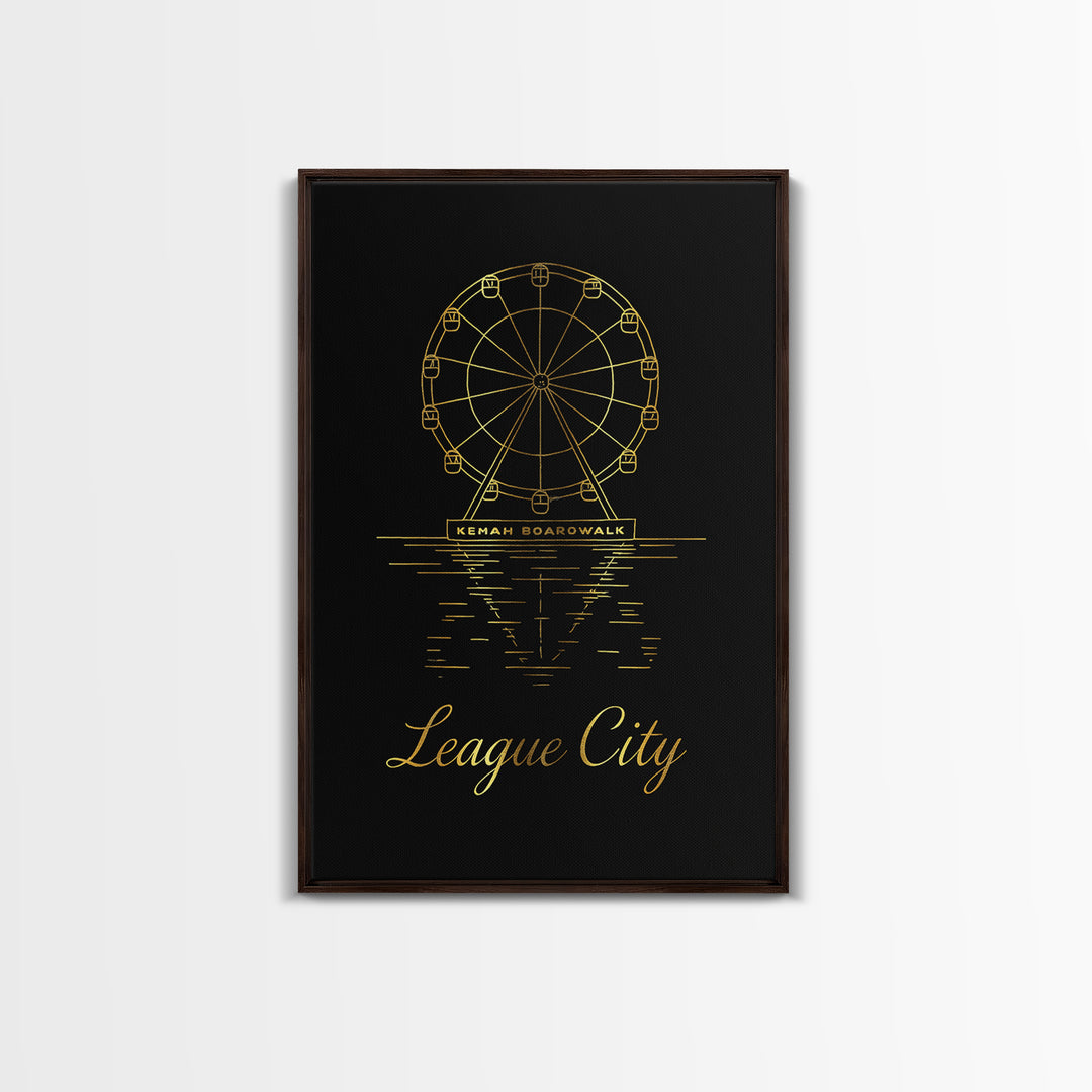 League City Travel Poster, Framed Canvas Print, Minimalist Gold Line Art, League City Wall Art, Watercolor Skyline, Mid Century Wall Art