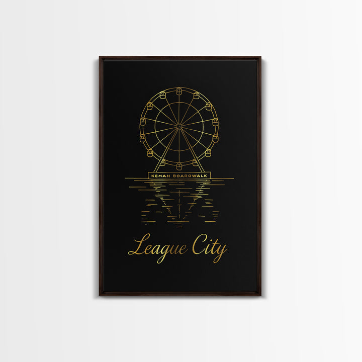 League City Travel Poster, Framed Canvas Print, Minimalist Gold Line Art, League City Wall Art, Watercolor Skyline, Mid Century Wall Art