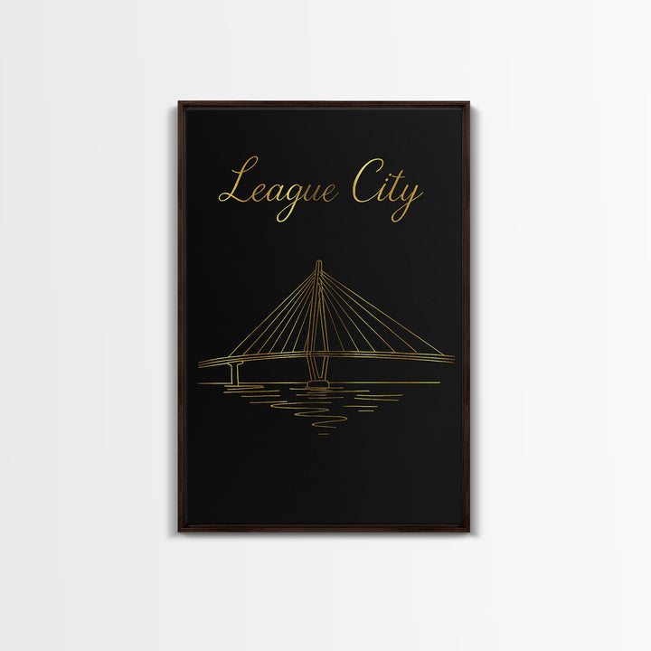 League City Travel Poster, Framed Canvas Print, Gold Outline Poster Art, League City Poster Print, City Art Print, Gift For Travelers