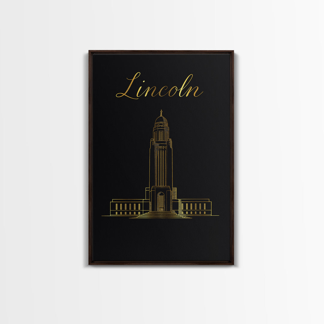 Lincoln Nebraska Travel Poster, Canvas Print, Black Gold Minimalist Art, Lincoln City Art, Gift For Travelers, Office Decor