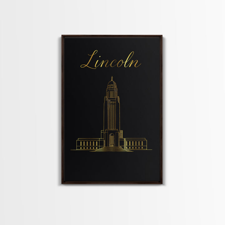 Lincoln Nebraska Travel Poster, Canvas Print, Black Gold Minimalist Art, Lincoln City Art, Gift For Travelers, Office Decor