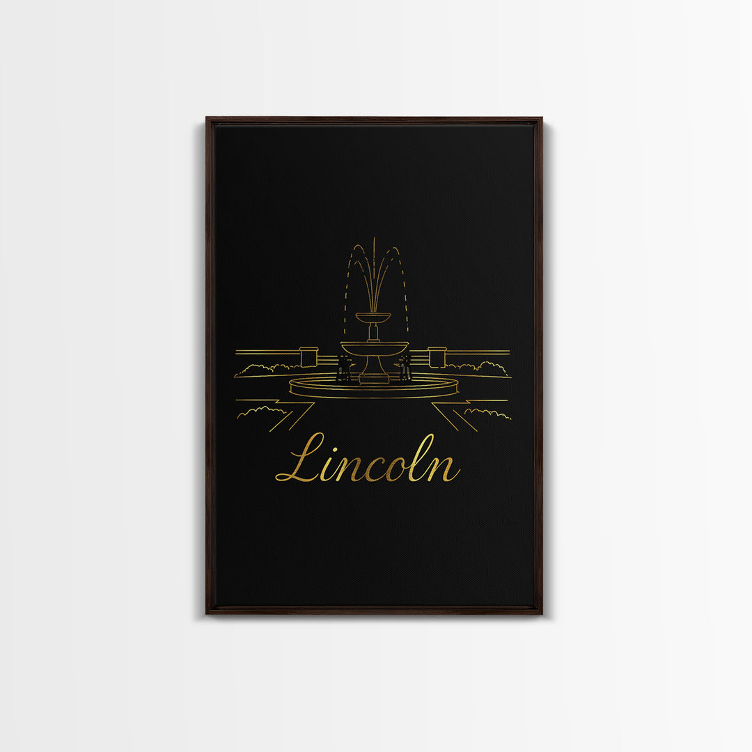 Lincoln Travel Poster, Framed Canvas Print, Minimalist Gold Line Art, Lincoln Travel Art, Watercolor Skyline Art, City Illustration
