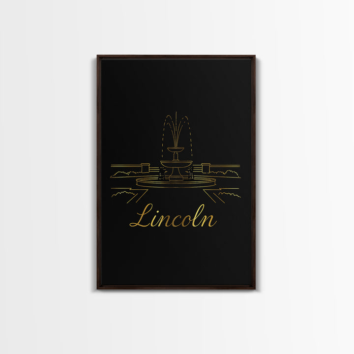 Lincoln Travel Poster, Framed Canvas Print, Minimalist Gold Line Art, Lincoln Travel Art, Watercolor Skyline Art, City Illustration