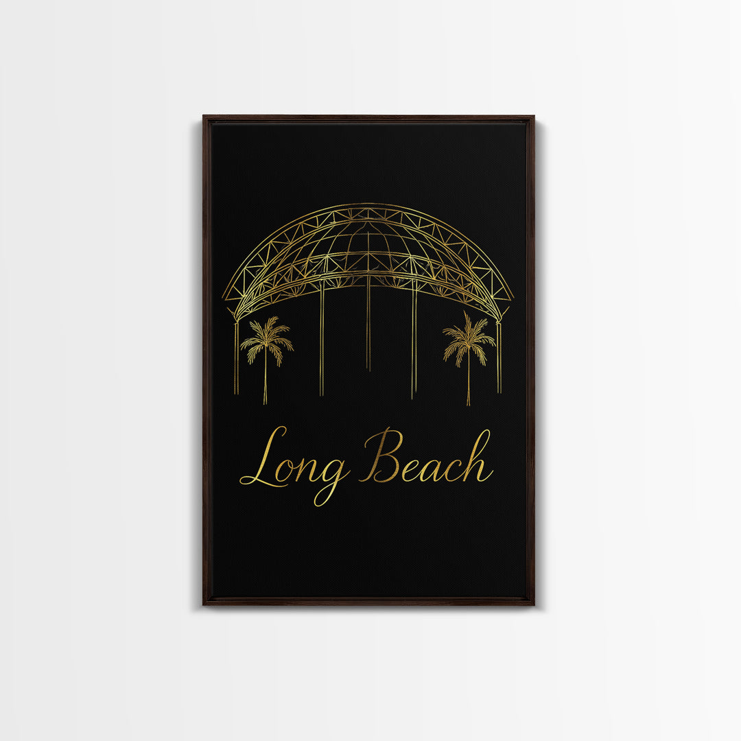Long Beach Travel Poster, Framed Canvas Print, Black Gold Minimalist Art, Long Beach Travel Art, Eclectic Wall Decor, City Illustration
