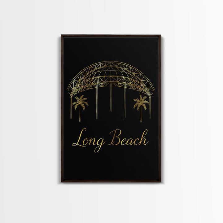 Long Beach Travel Poster, Framed Canvas Print, Black Gold Minimalist Art, Long Beach Travel Art, Eclectic Wall Decor, City Illustration
