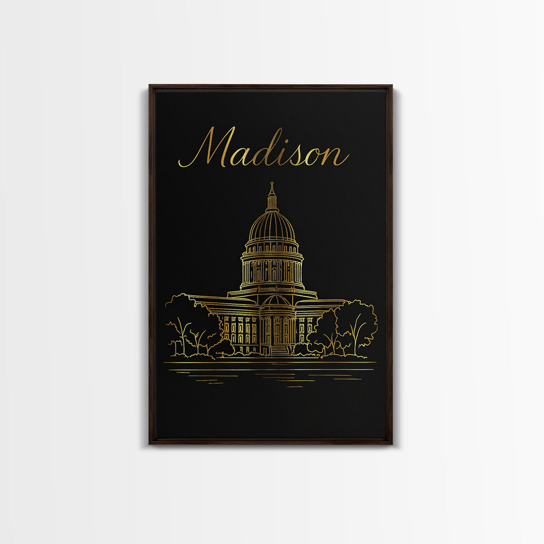 Madison Travel Poster, Canvas Print, Minimalist Gold Line Art, Madison City Art, Travel Art Print, Vintage City Poster, Vintage City Art