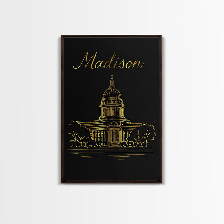 Madison Travel Poster, Canvas Print, Minimalist Gold Line Art, Madison City Art, Travel Art Print, Vintage City Poster, Vintage City Art